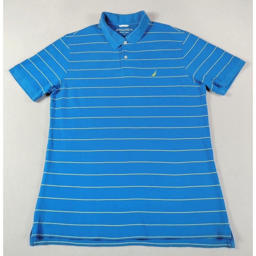Nautica Classic Pique Polo Shirt Mens Large‎ Blue Striped Cotton Short Sleeve